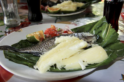 Frokost med grillet fisk med cassava